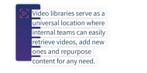 Video libraries serve as a universal location where internal teams can easily retrieve videos, add new ones and repurpose content for any need.
