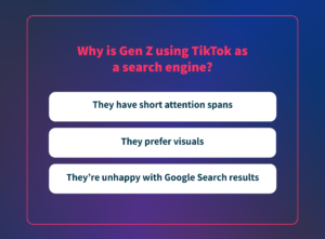 Why is Gen Z using TikTok as a search engine? They have short attention spans, they prefer visuals, and they're unhappy with Google search results.