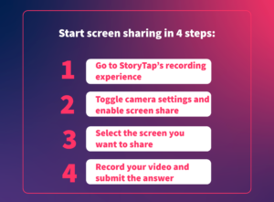 Start screen sharing in 4 steps: 1. Go to StoryTap's recording experience. 2. Toggle camera settings and enable screen share. 3. Select the screen you want to share. 4. Record your video and submit the answer.