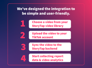 We've designed the integration to be simple and user friendly. 1. Choose a video from your StoryTap video library. 2. Upload the video to your TikTok account. 3. Sync the video to the StoryTap backend. 4. Start collecting report data & video analytics.