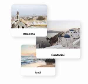 screenshots of travel destinations - barcelona, santorini, maui