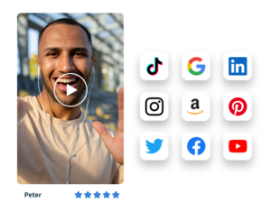 image of a man giving a video review with icons of social media platforms they can be shared to